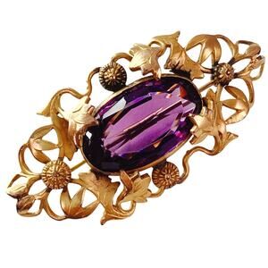Antique Art Nouveau Gold Tone Ivy Vine Brooch Purple Glass Edwardian 1900s Pin
